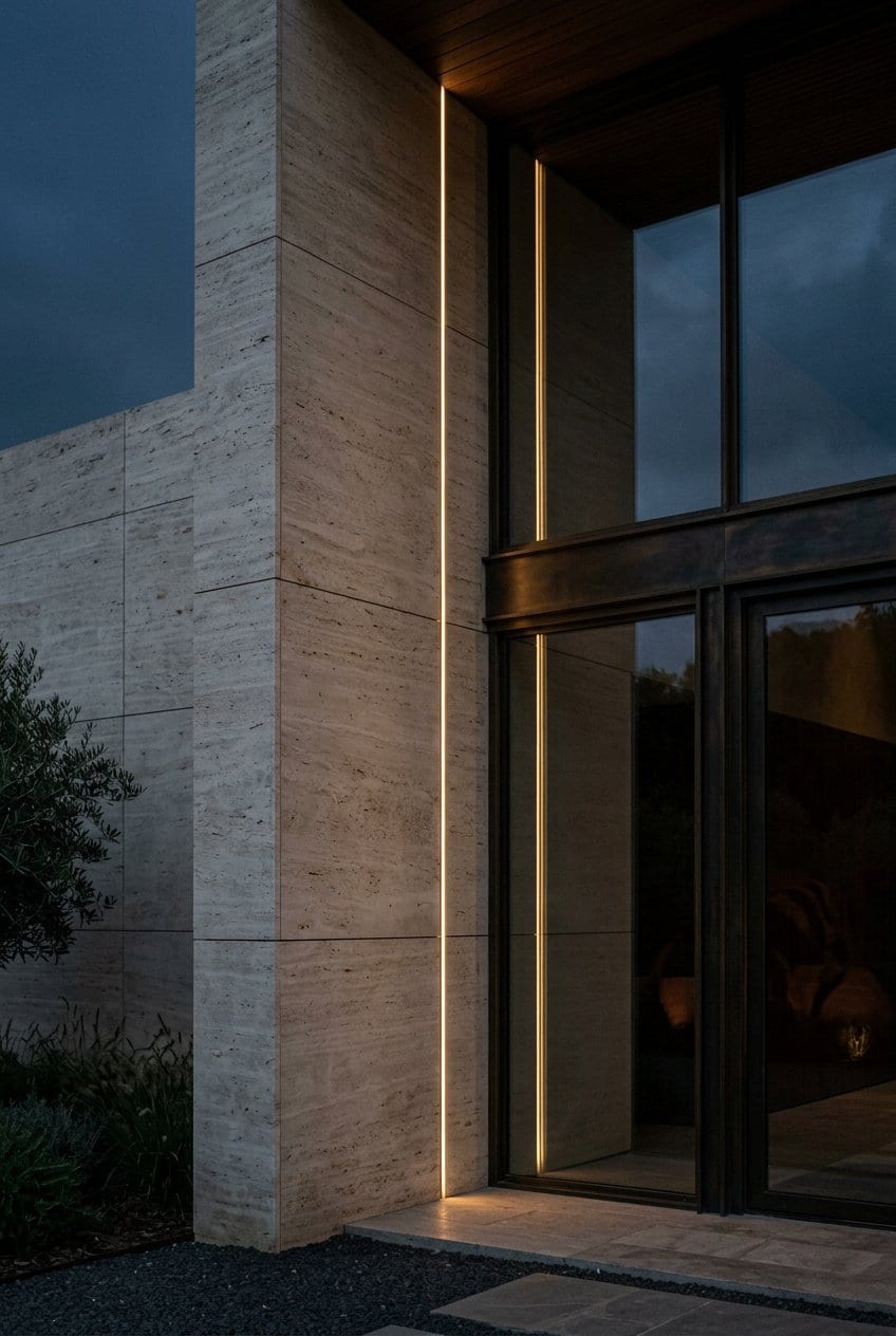 Illustrative architectural detail — travertine wall with a warm vertical light and bronze-framed glazing